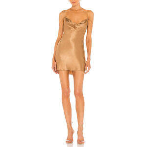 Camila Coelho 'Adora'  Off Shoulder Gold Satin Mini Slip Dress Size M